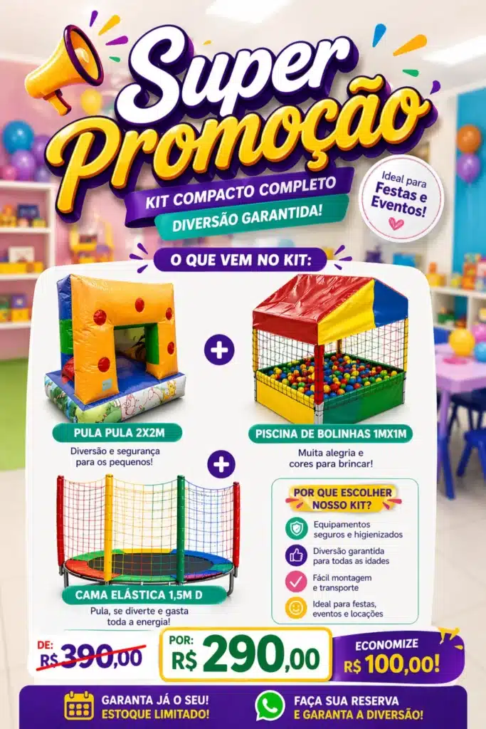 Kit compacto de brinquedos infláveis para locação em festas em São Paulo – pula pula, piscina de bolinhas e mesa
